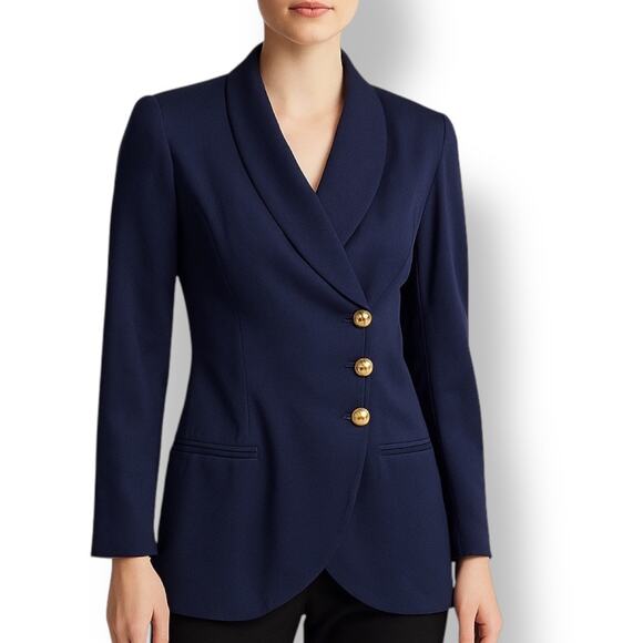 Vintage 90s Petite Navy Blue Blazer Jacket Hourglass Gold Button Asymmetrical 4 - Picture 3 of 10